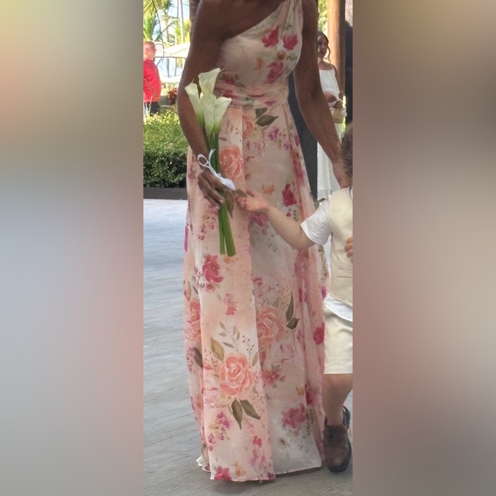 Azazie One-Shoulder Floral Dress in Pink and Cream - Picture 3 of 6